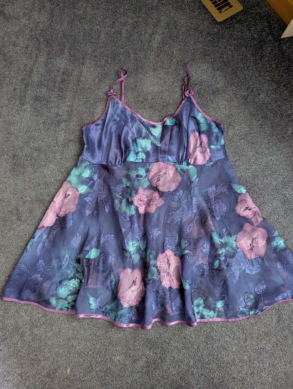 Vintage 90s Silky Lingerie Blue Purple Floral Camisole Tank Top Flowy Coquette